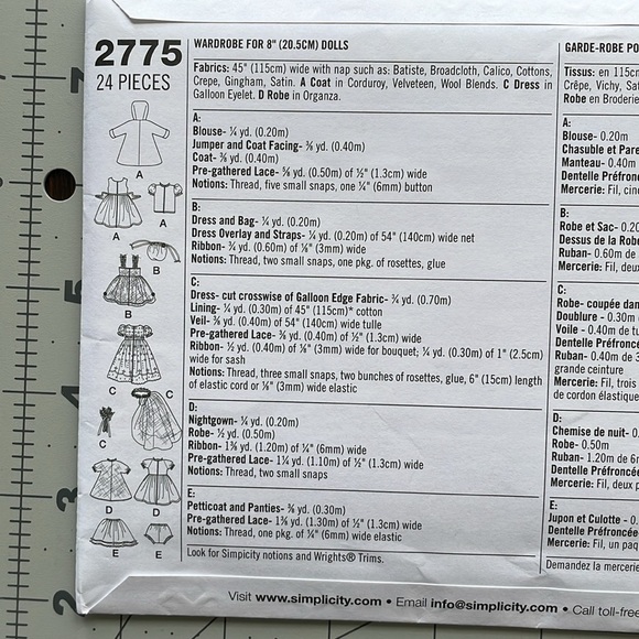 Simplicity 2775  wardrobe sewing pattern for 8" doll (11 items of clothing) - Picture 3 of 6